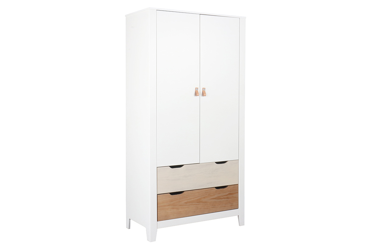 Armoire scandinave avec penderie et tiroirs finition blanc mat et bois clair L95 cm MOLENE