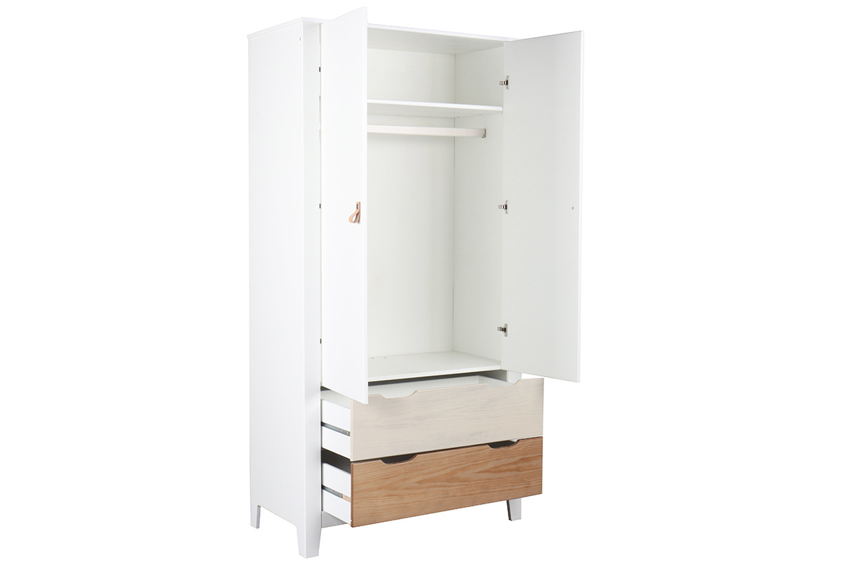 Armoire scandinave avec penderie et tiroirs finition blanc mat et bois clair L95 cm MOLENE