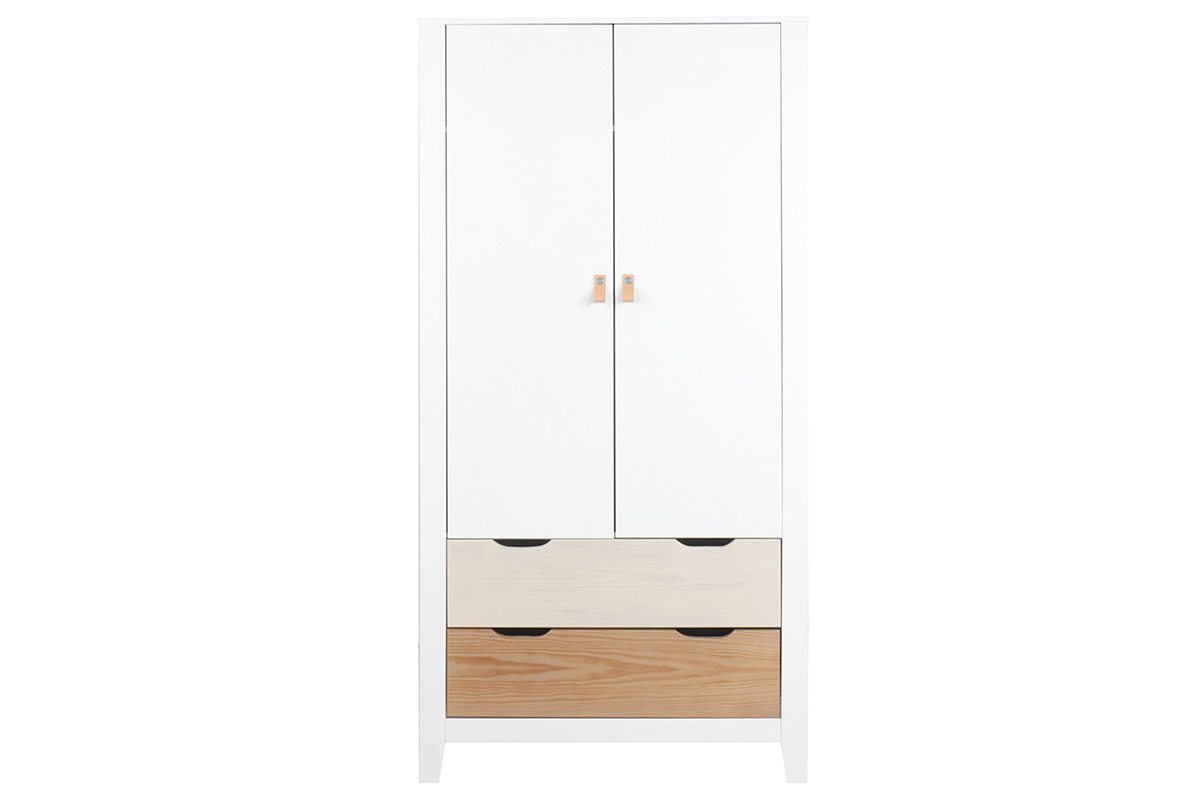 Armoire scandinave avec penderie et tiroirs finition blanc mat et bois clair L95 cm MOLENE