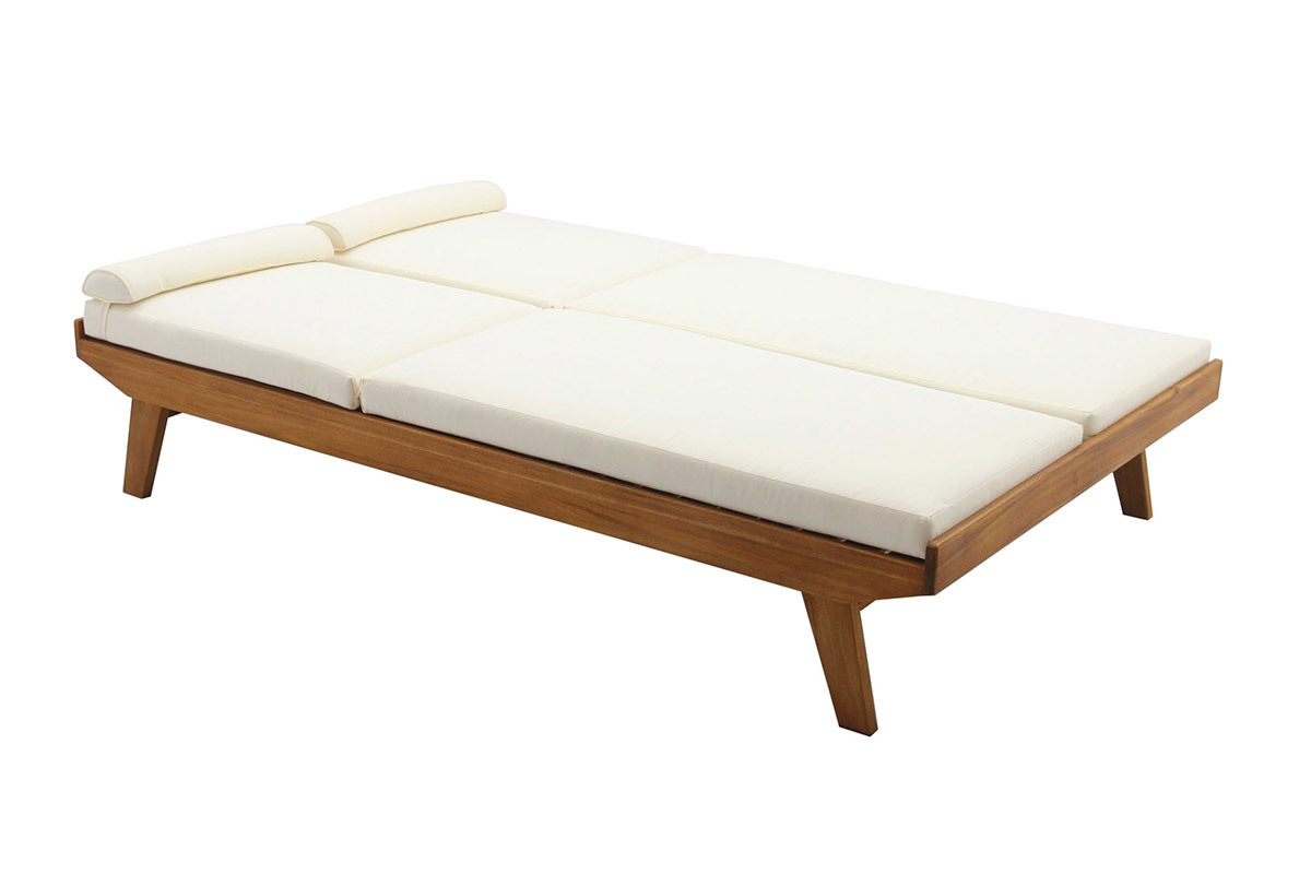 Bain de soleil double avec dossiers multipositions beige et bois massif L127 cm CARACAS