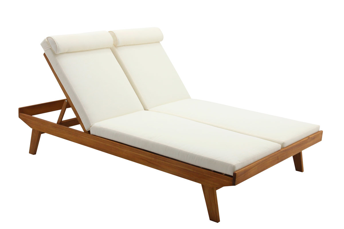 Bain de soleil double avec dossiers multipositions beige et bois massif L127 cm CARACAS