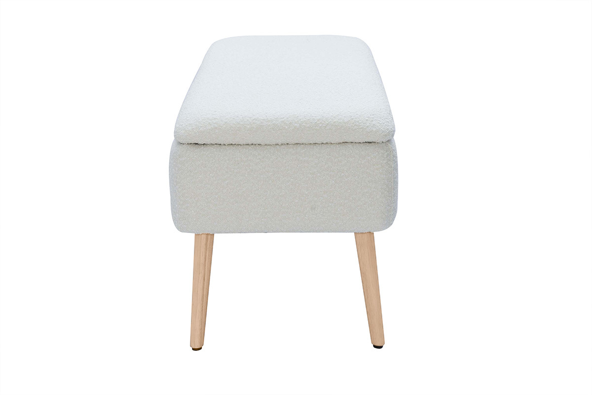 Banc coffre effet laine boucle blanc et bois clair massif L120 cm LARS