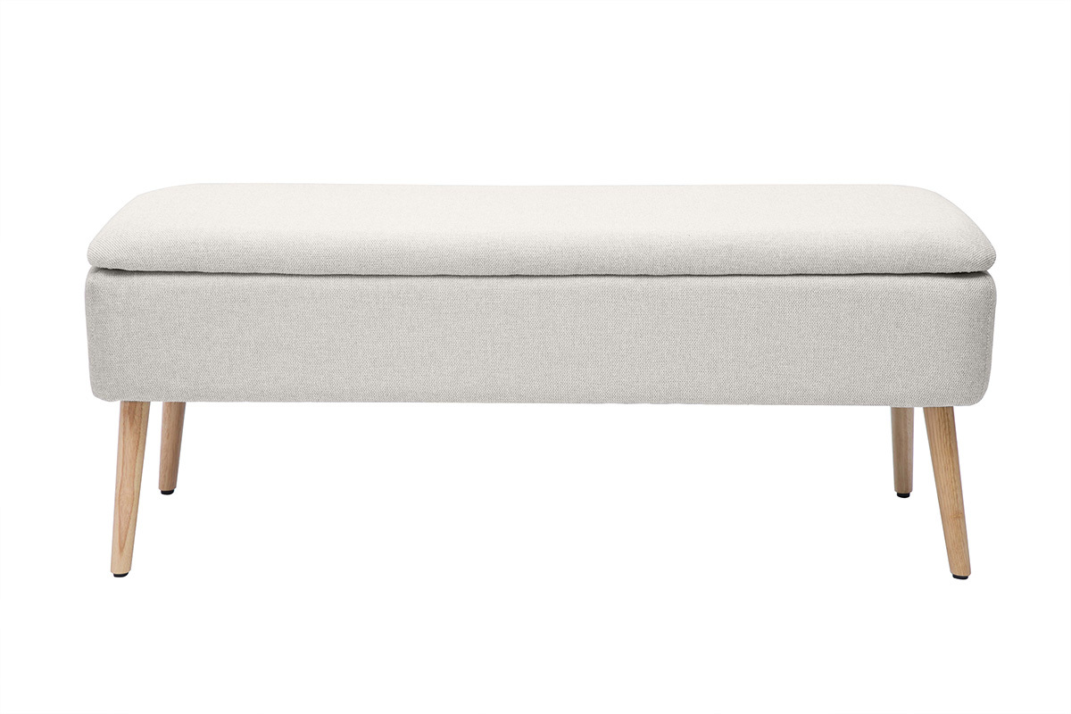 Banc coffre en tissu effet velours textur beige et bois clair massif L120 cm LARS