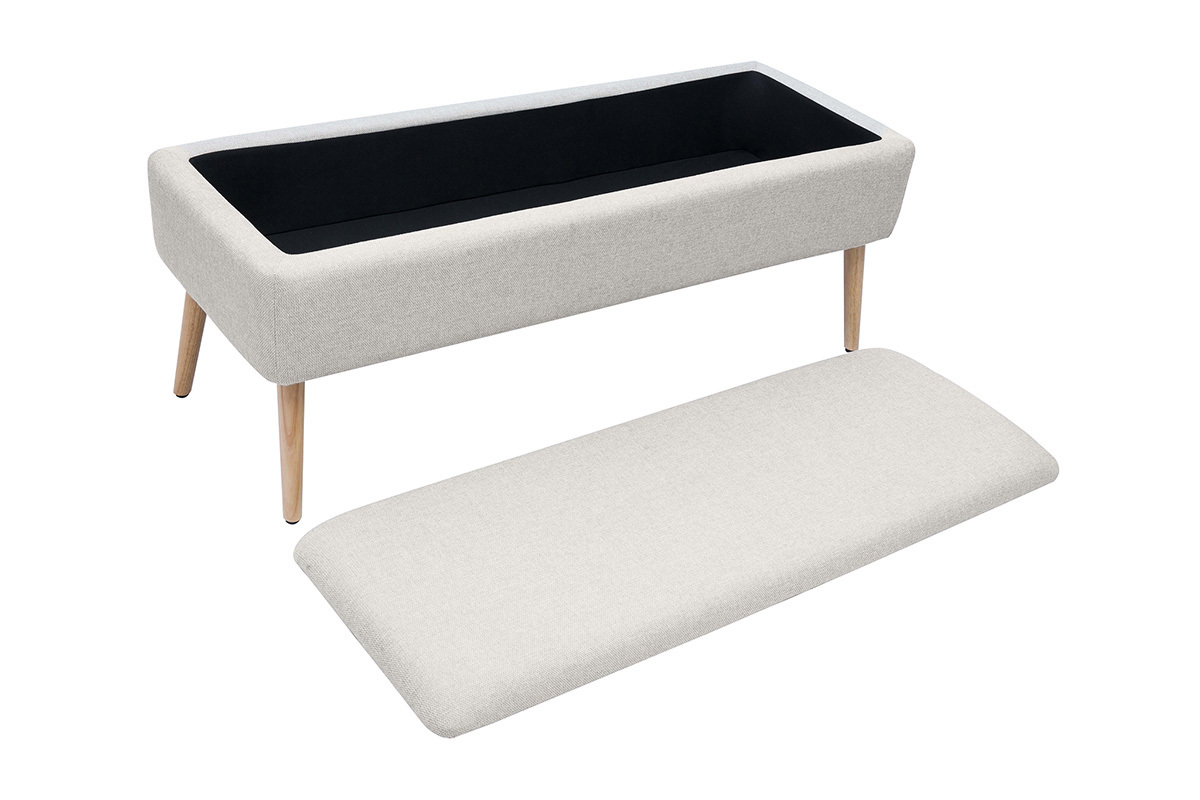 Banc coffre en tissu effet velours textur beige et bois clair massif L120 cm LARS