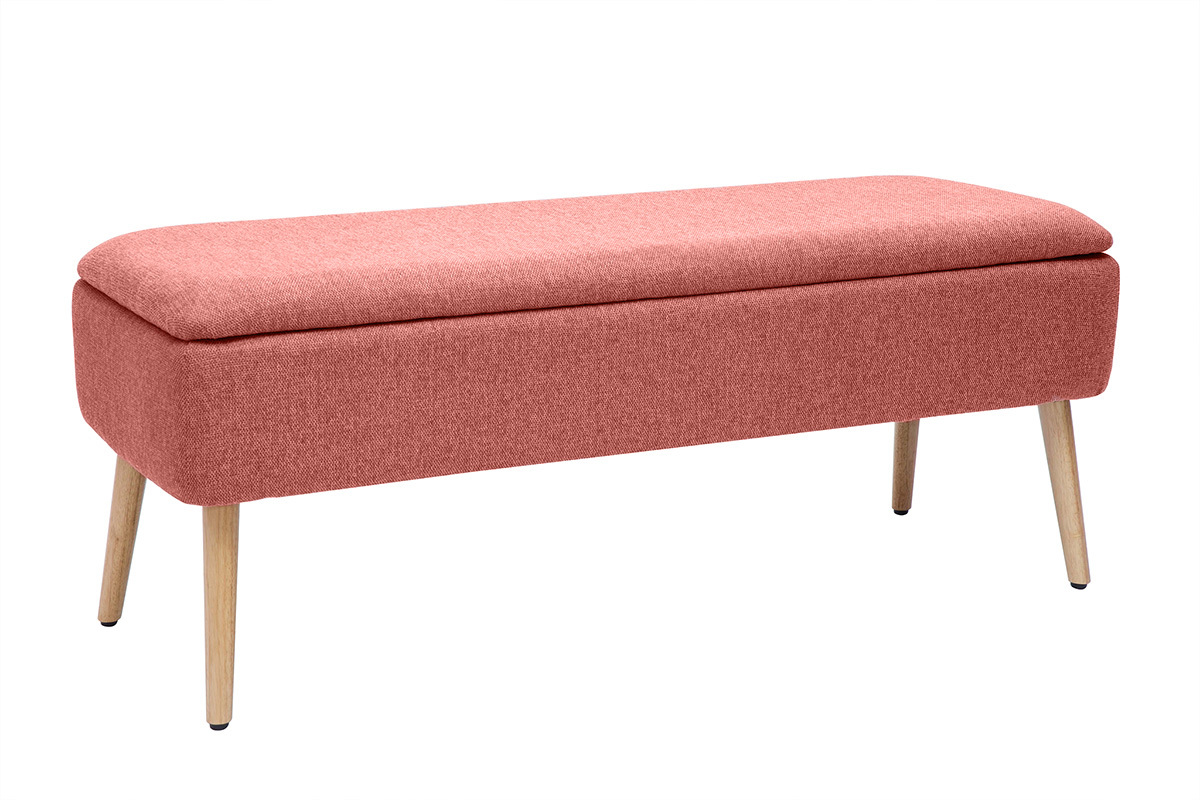 Banc coffre en tissu effet velours textur terracotta et bois clair massif L120 cm LARS