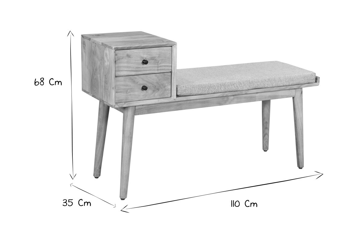 Banc d'entre avec rangements 2 tiroirs en bois clair massif L110 cm ALTY