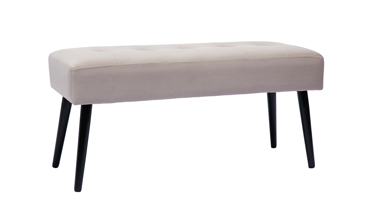 Banc design capitonn en tissu velours taupe et mtal noir L96 cm GUESTA