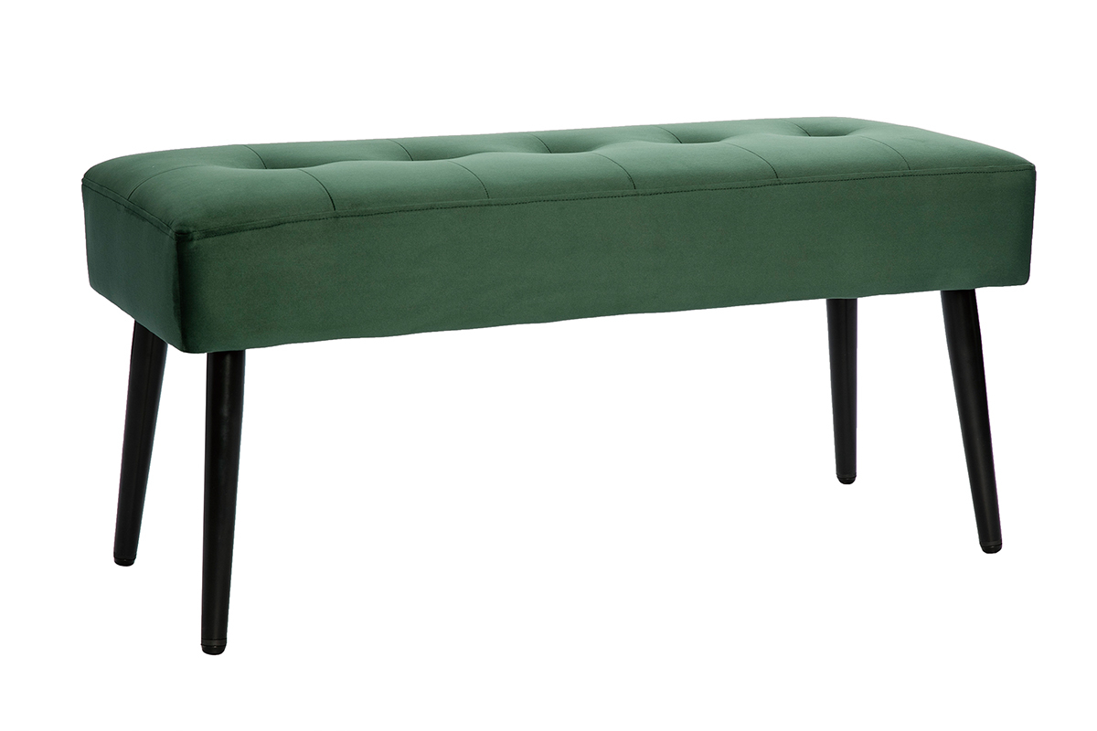 Banc design capitonn en tissu velours vert fonc et mtal noir L96 cm GUESTA