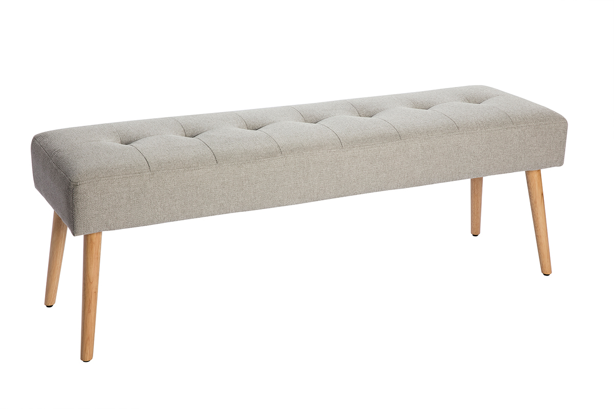 Banc scandinave capitonn en tissu effet velours textur gris clair et bois clair L130 cm GUESTA