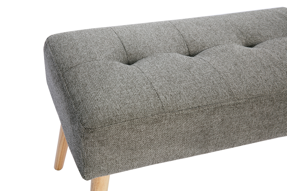 Banc scandinave capitonn en tissu effet velours textur gris clair et bois clair L96 cm GUESTA