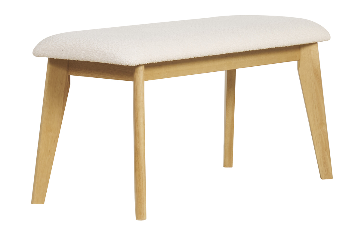 Banc scandinave en tissu effet laine boucle blanc et bois clair L92 cm ELION