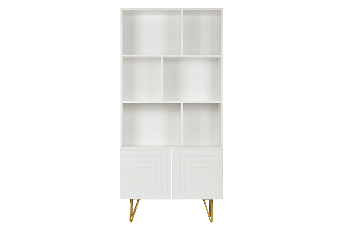 Bibliothque design grave blanc mat et mtal dor 2 portes L86 cm OZEN