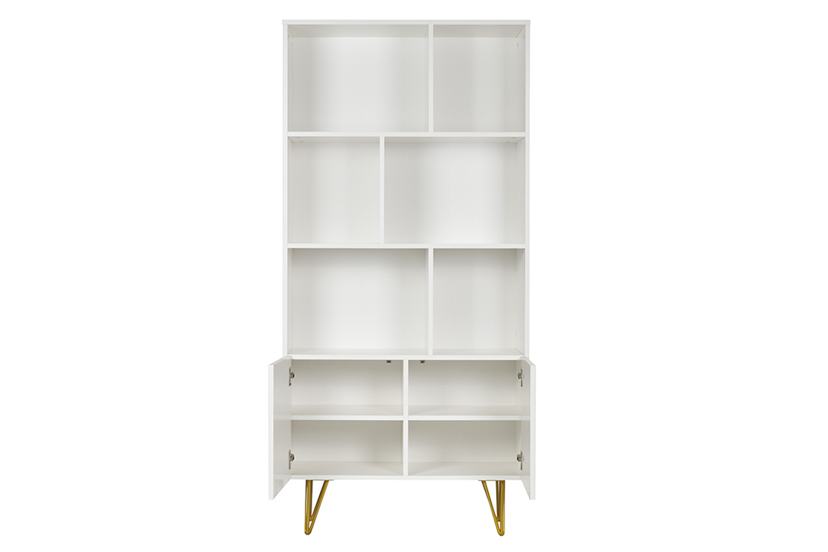 Bibliothque design grave blanc mat et mtal dor 2 portes L86 cm OZEN