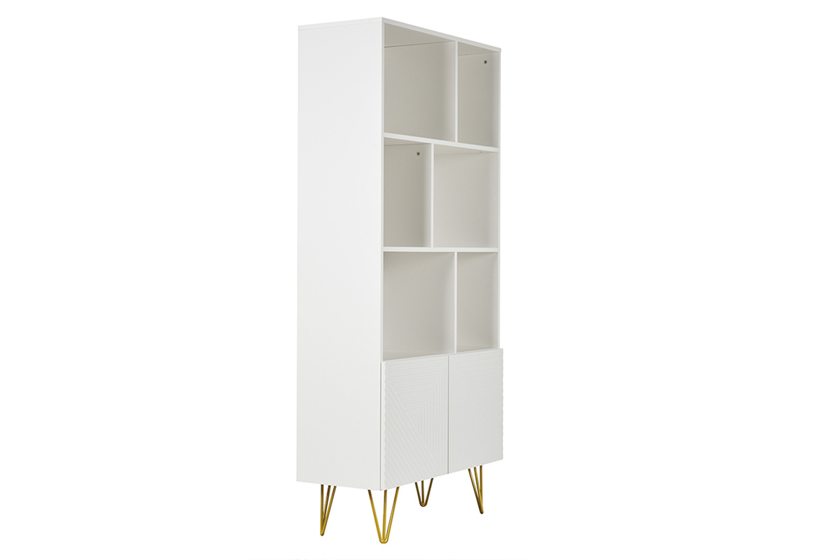 Bibliothque design grave blanc mat et mtal dor 2 portes L86 cm OZEN