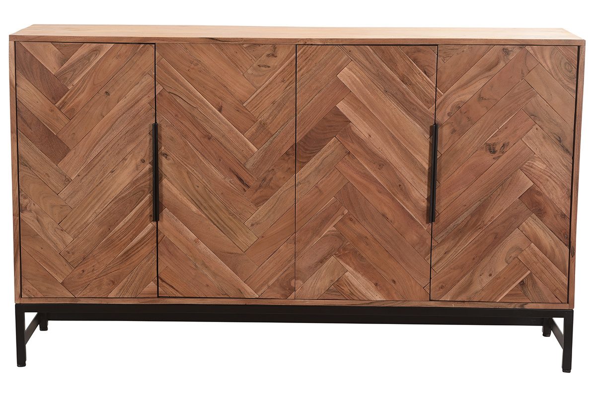 Buffet  motifs chevrons en bois massif et mtal noir 4 portes L160 cm STICK