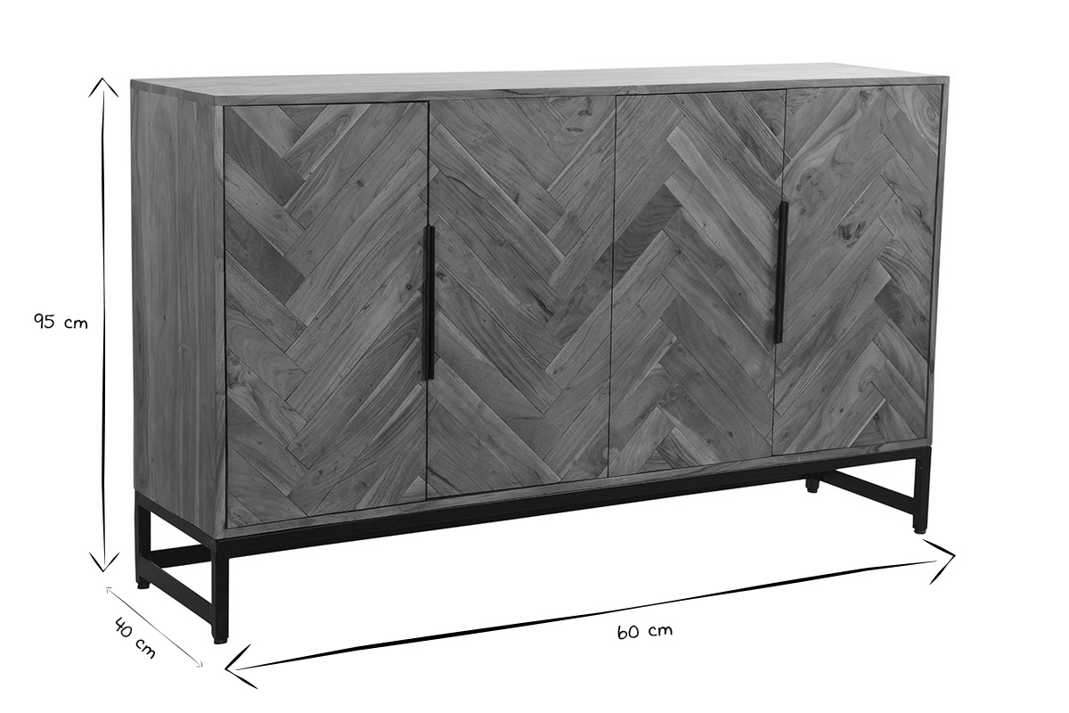 Buffet  motifs chevrons en bois massif et mtal noir 4 portes L160 cm STICK