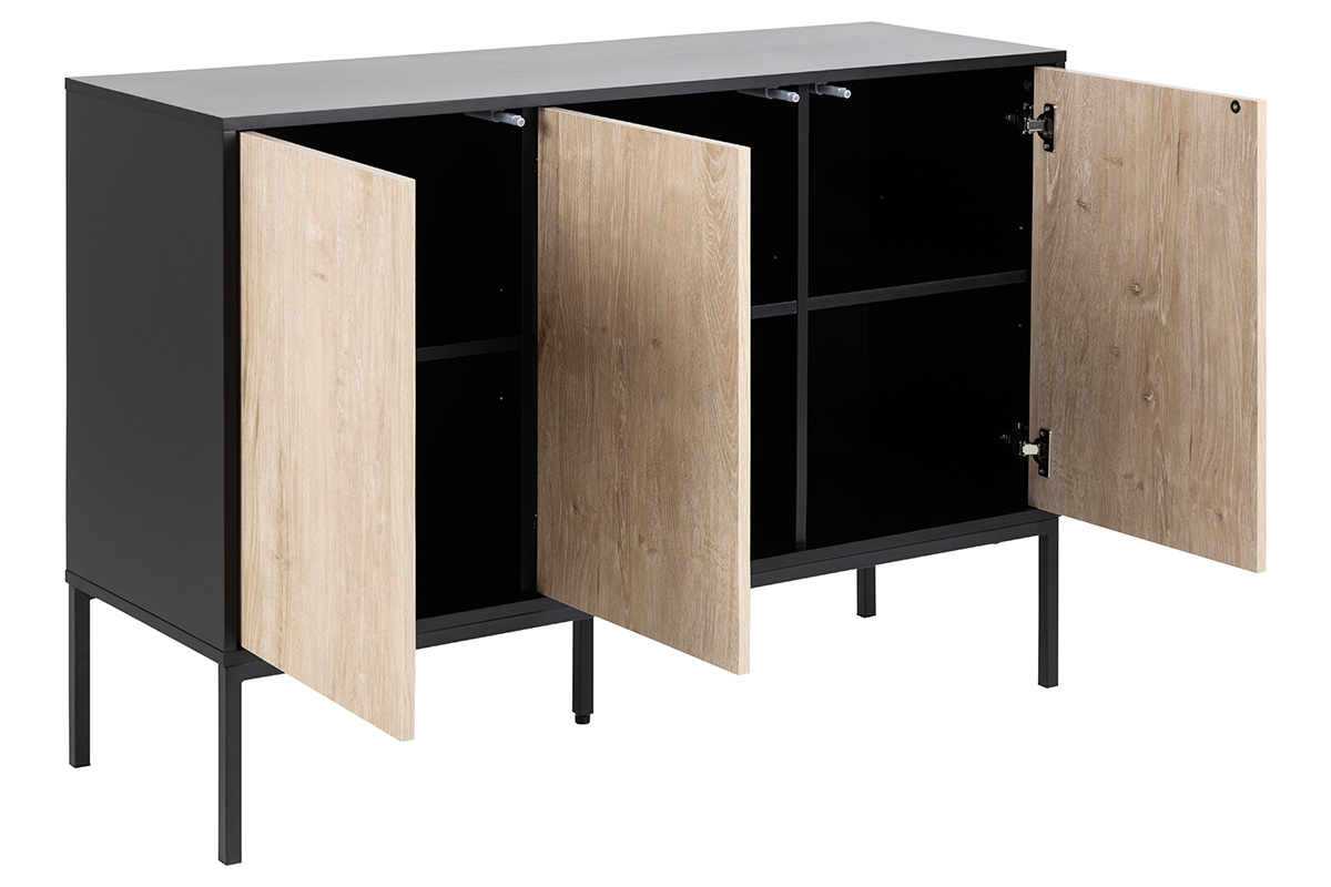 Buffet bas industriel bois blanchi et mtal noir 3 portes L120 cm TRESCA