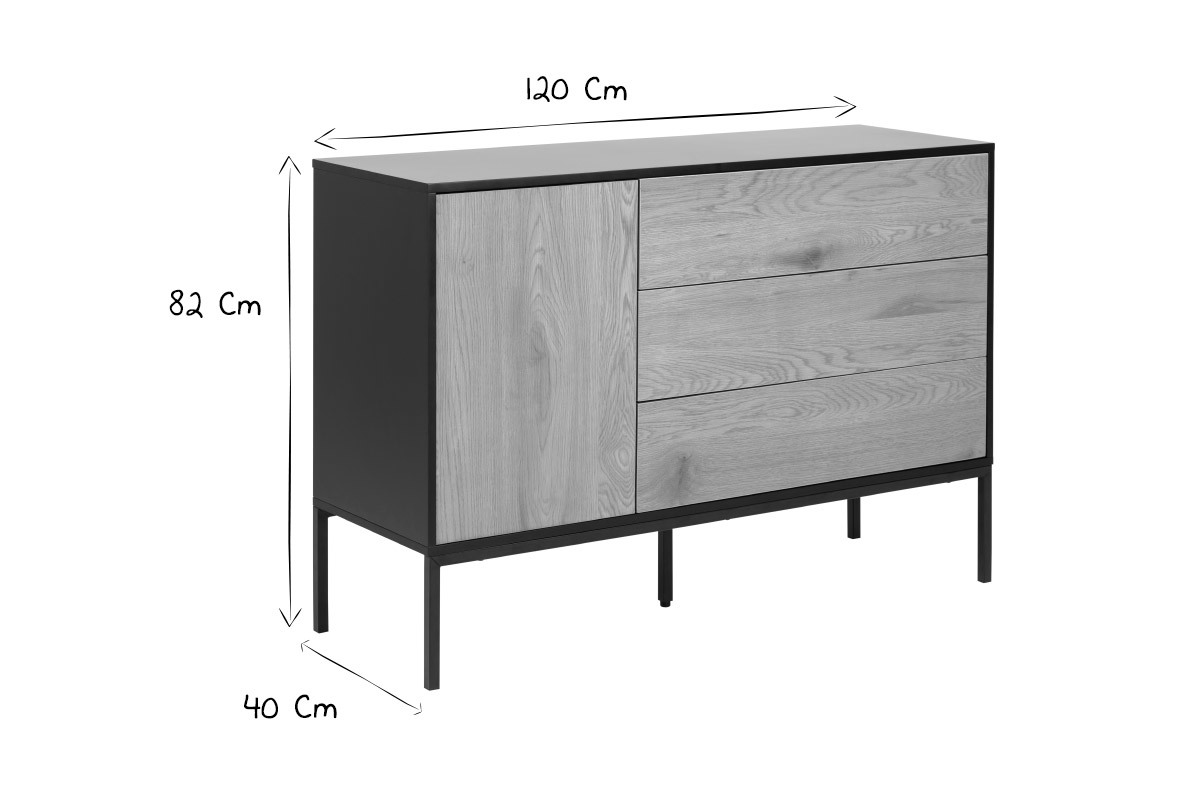 Buffet bas industriel finition bois clair et mtal noir 1 porte 3 tiroirs L120 cm TRESCA