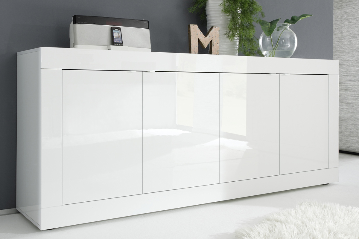 Buffet design blanc laqu brillant 4 portes L207 cm LATTE