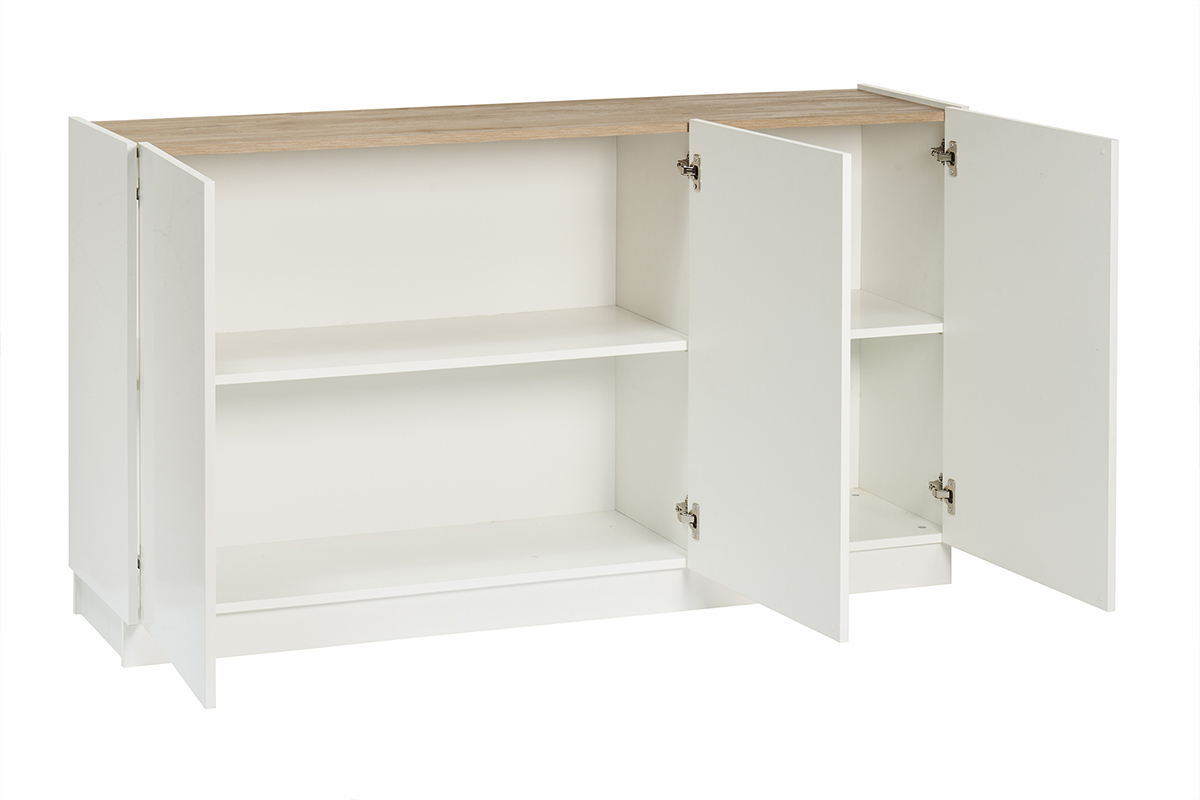 Buffet design blanc laqu brillant et bois clair 3 portes L155 cm NELIO