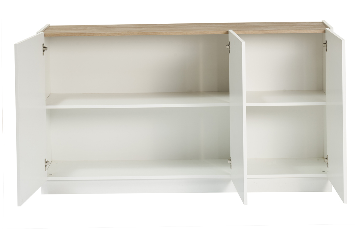 Buffet design blanc laqu brillant et bois clair 3 portes L155 cm NELIO