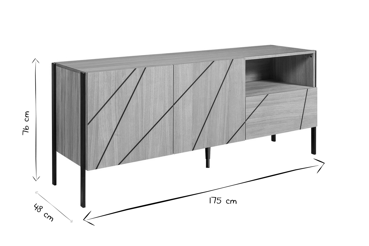 Buffet design en bois clair motif grav et mtal noir 2 portes 1 tiroir L175 cm ICODE