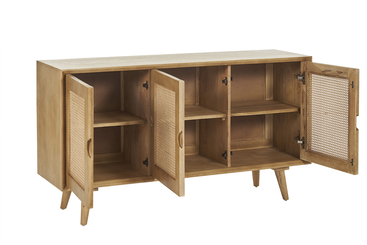 Buffet en bois manguier et cannage rotin 3 portes L145 cm LAKA