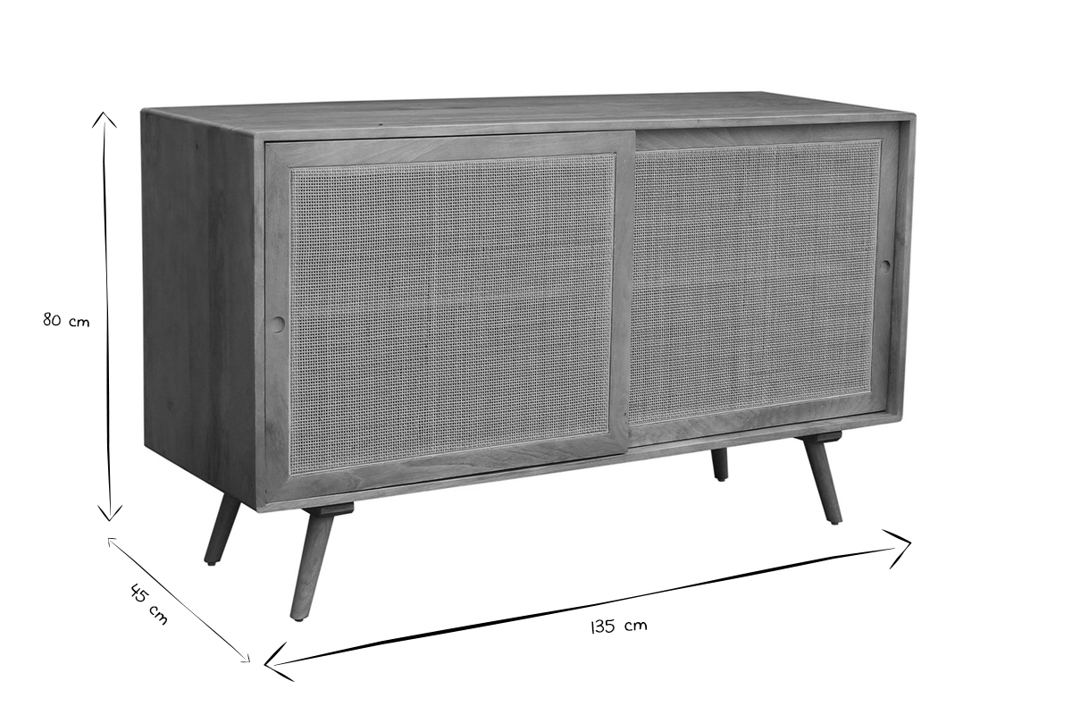 Buffet en bois manguier massif et cannage rotin 2 portes coulissantes L135 cm ACANGE