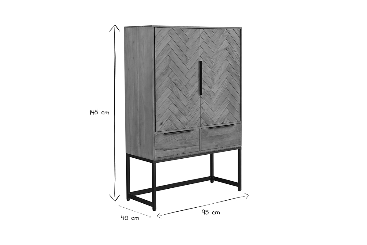 Buffet haut  motifs chevrons en bois massif et mtal noir 2 portes 2 tiroirs STICK