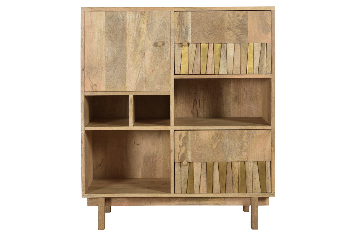 Buffet haut design en bois manguier massif et dtails dors 3 portes L90 cm ZAIKA