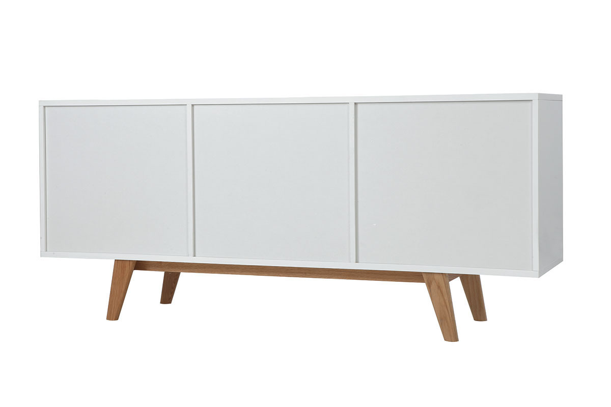 Buffet scandinave blanc brillant et finition bois clair 2 portes 2 tiroirs L160cm MELKA