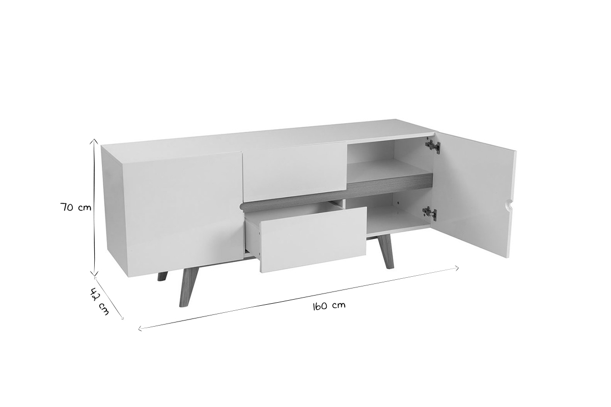 Buffet scandinave blanc brillant et finition bois clair 2 portes 2 tiroirs L160cm MELKA