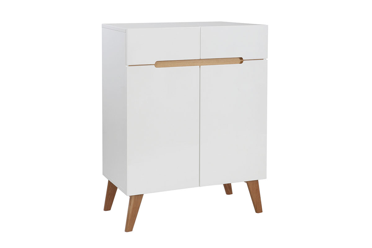 Buffet scandinave blanc brillant et finition bois clair 2 portes 2 tiroirs L80cm MELKA