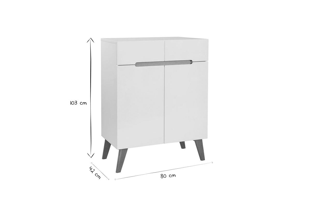 Buffet scandinave blanc brillant et finition bois clair 2 portes 2 tiroirs L80cm MELKA