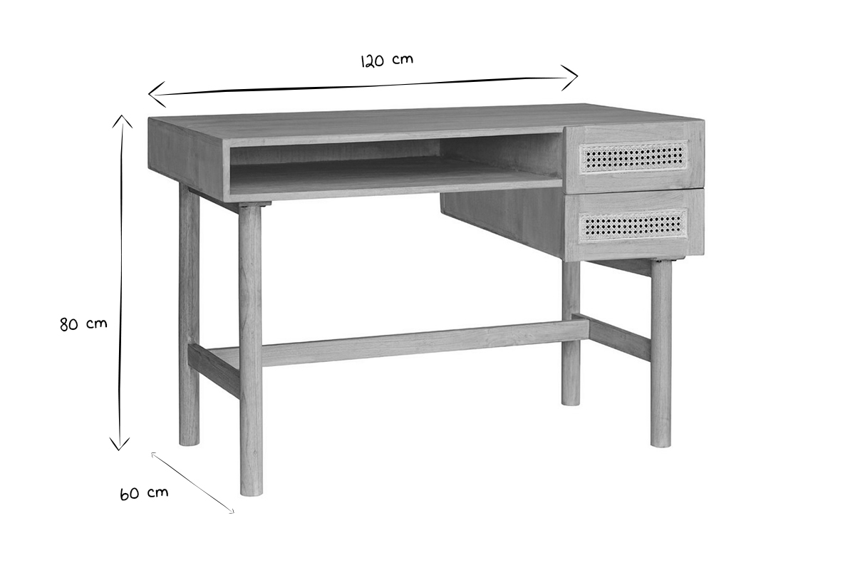 Bureau avec rangements 2 tiroirs bois clair et cannage rotin L120 cm GALINA