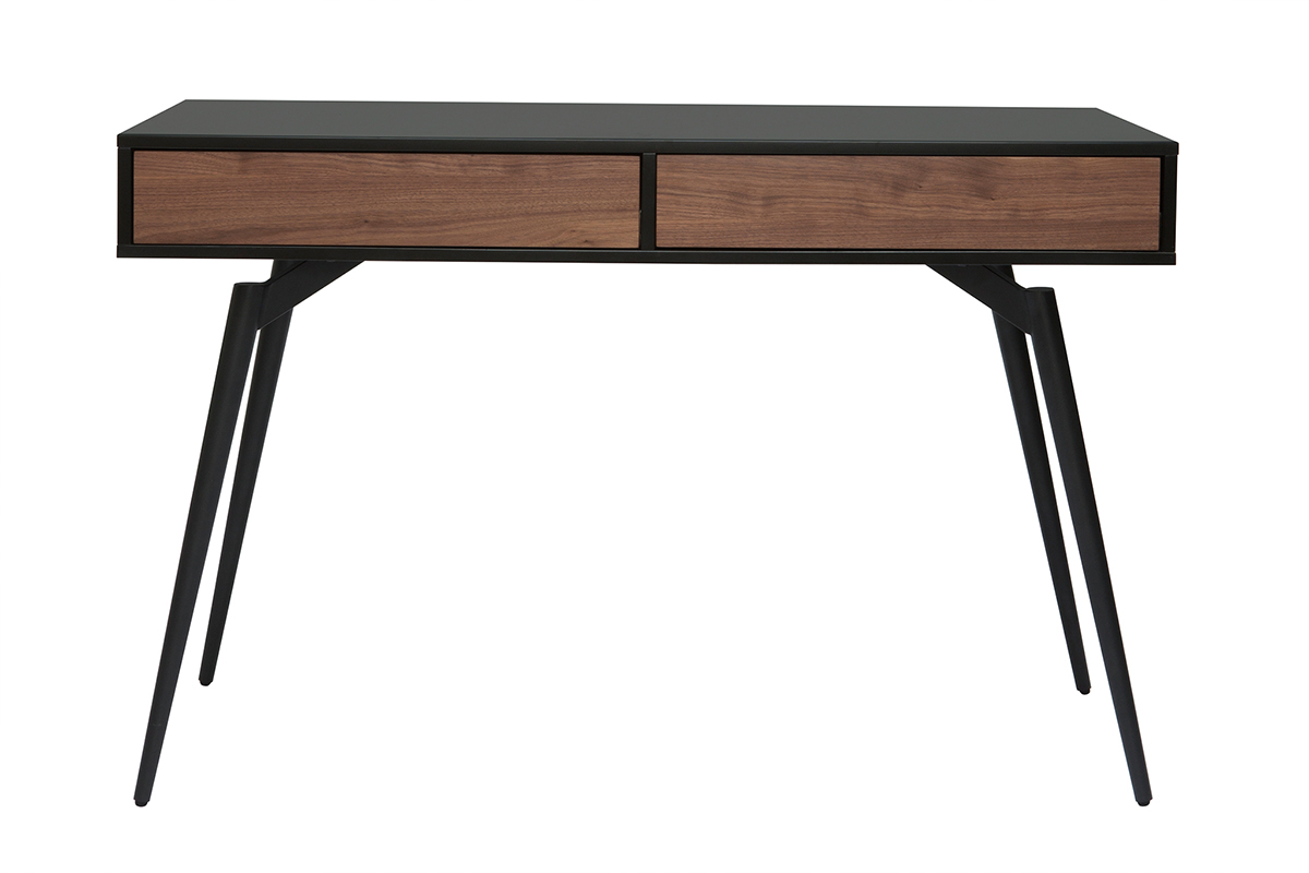 Bureau avec rangements 2 tiroirs design noir mat et bois fonc noyer L120 cm TRIPOLI