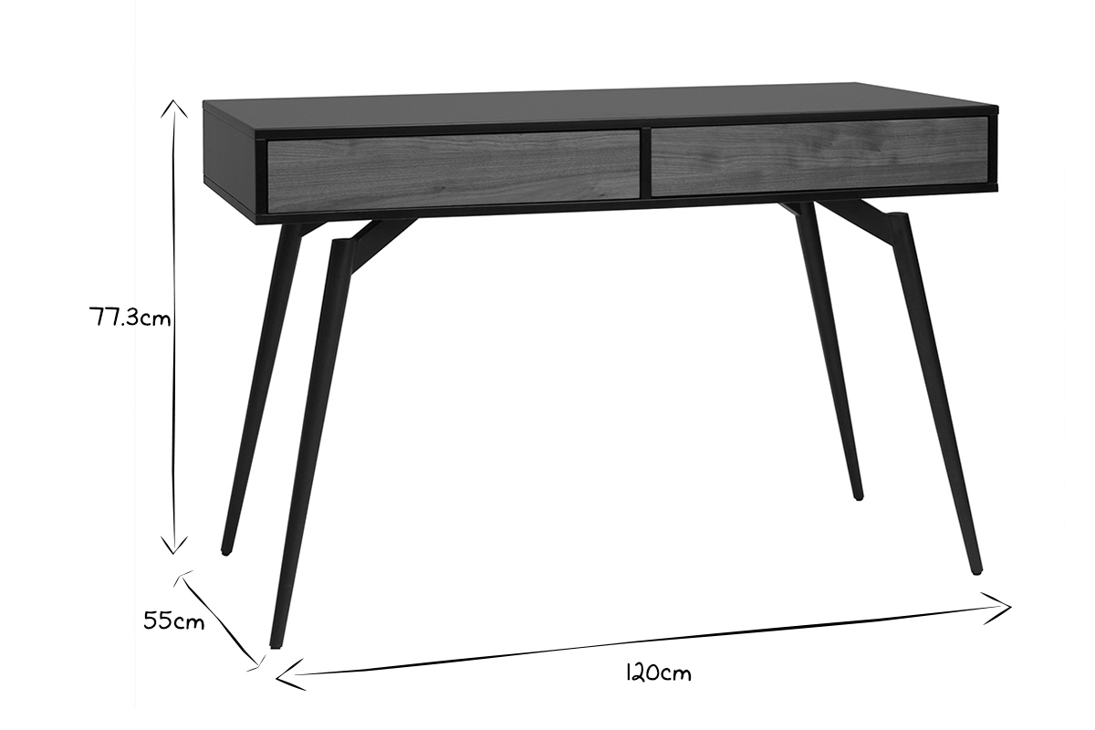 Bureau avec rangements 2 tiroirs design noir mat et bois fonc noyer L120 cm TRIPOLI