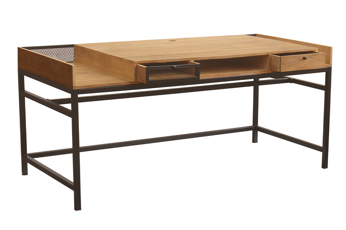 Bureau avec rangements 2 tiroirs industriel bois manguier massif et mtal noir L180 cm RACK