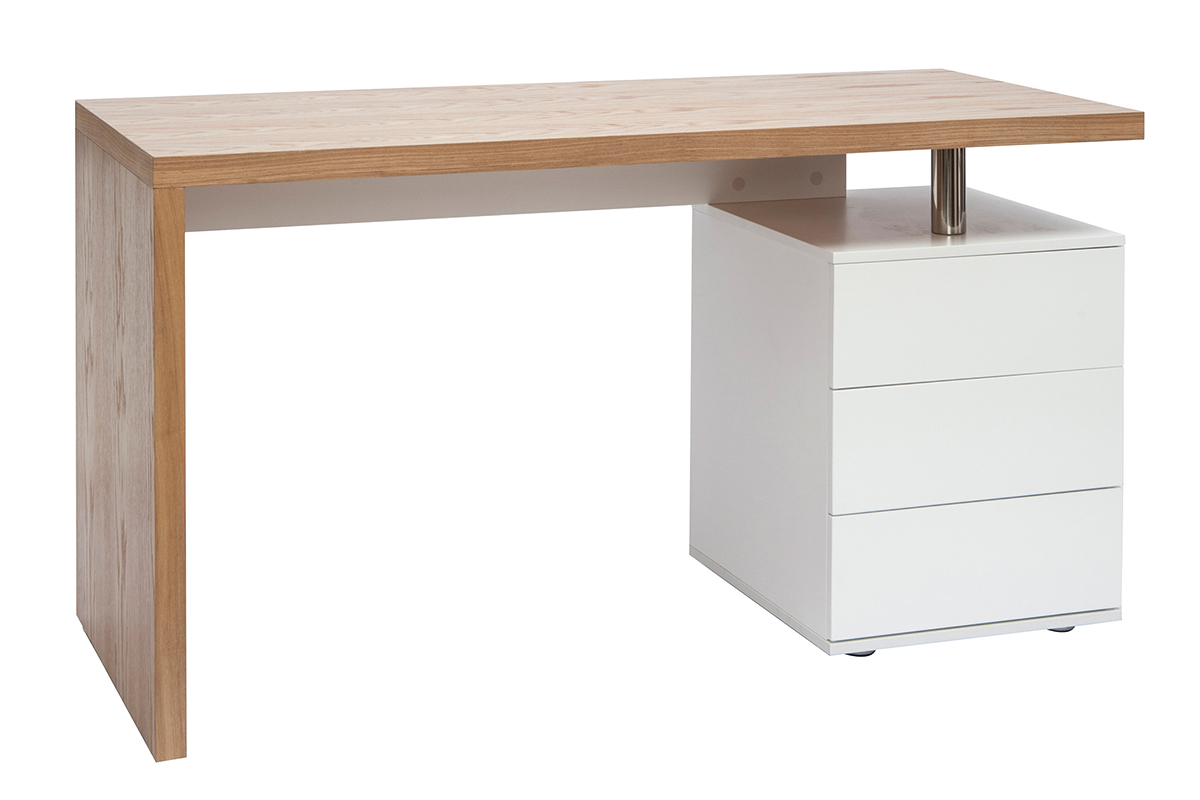 Bureau avec rangements 3 tiroirs design bois clair chne et blanc L140 cm CALIX