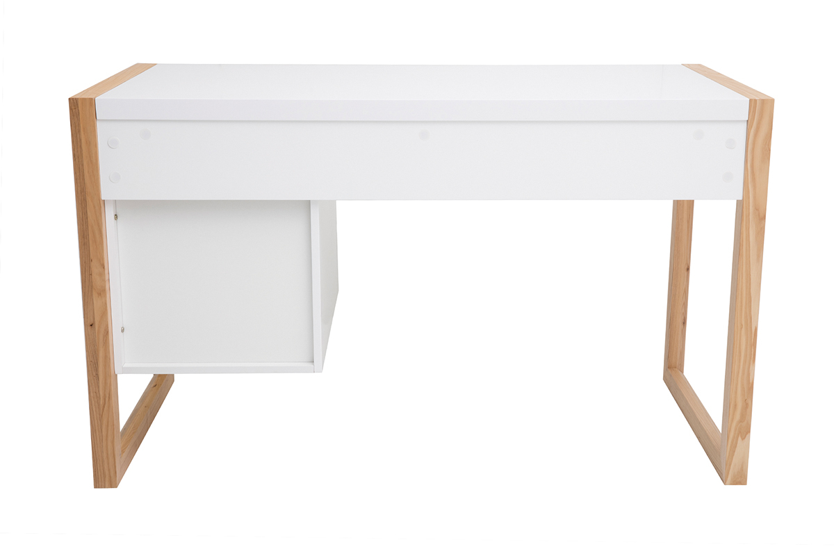 Bureau avec rangements 3 tiroirs scandinave blanc mat et bois clair frne massif L130 cm ARMEL