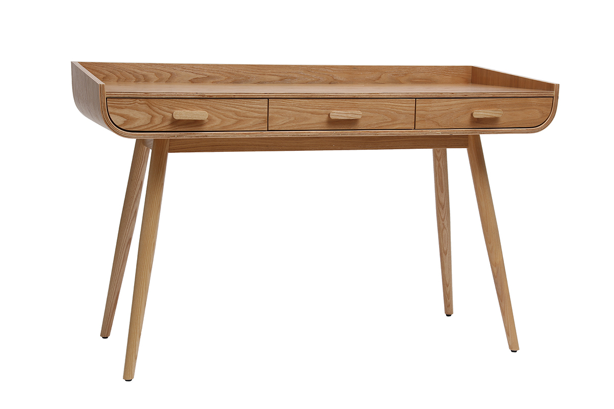 Bureau avec rangements 3 tiroirs scandinave bois clair L132 cm HALLEN