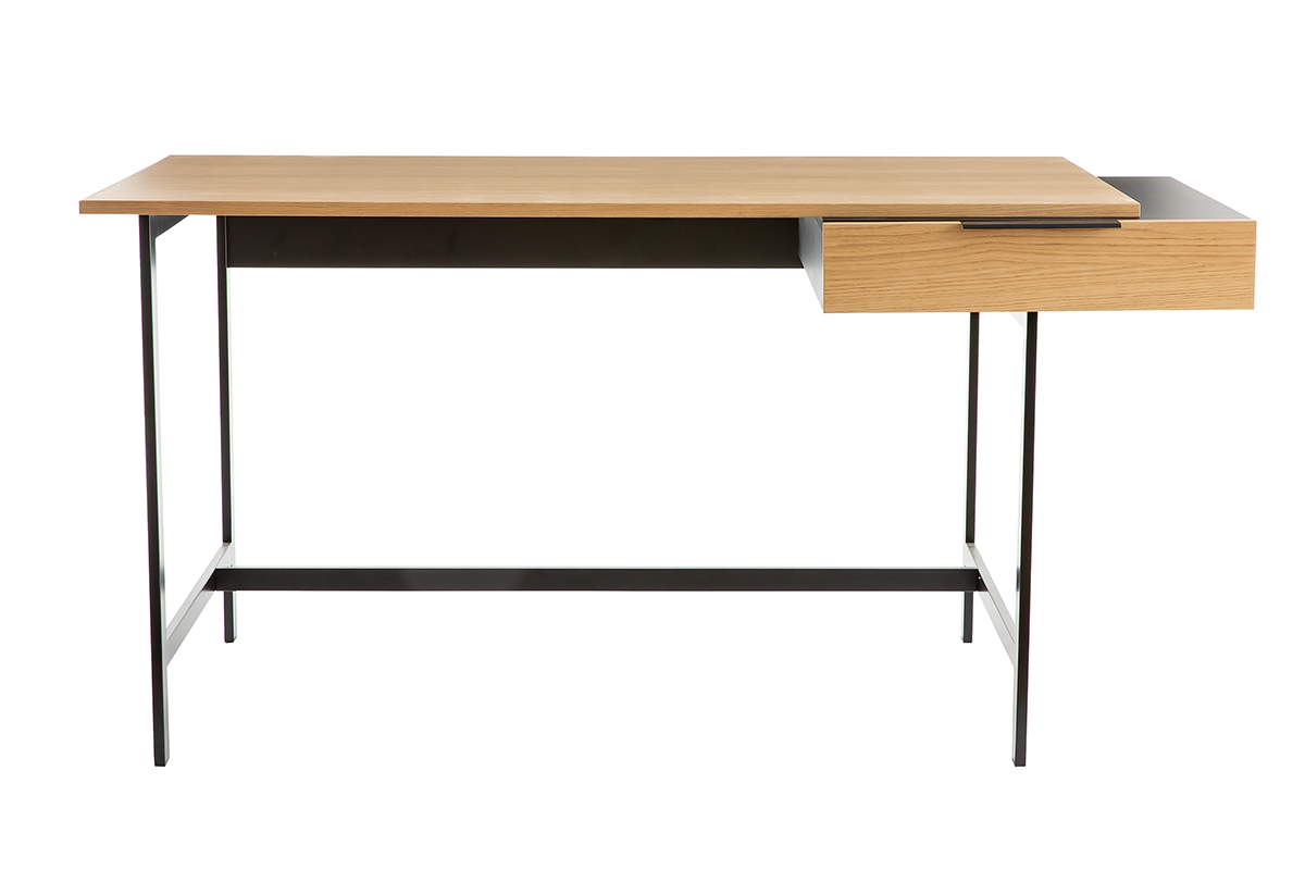 Bureau avec tiroir design bois clair chne et mtal noir L150 cm SILKA