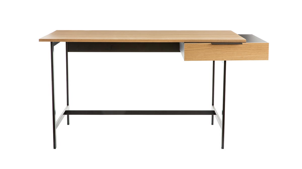 Bureau avec tiroir design bois clair chne et mtal noir L150 cm SILKA