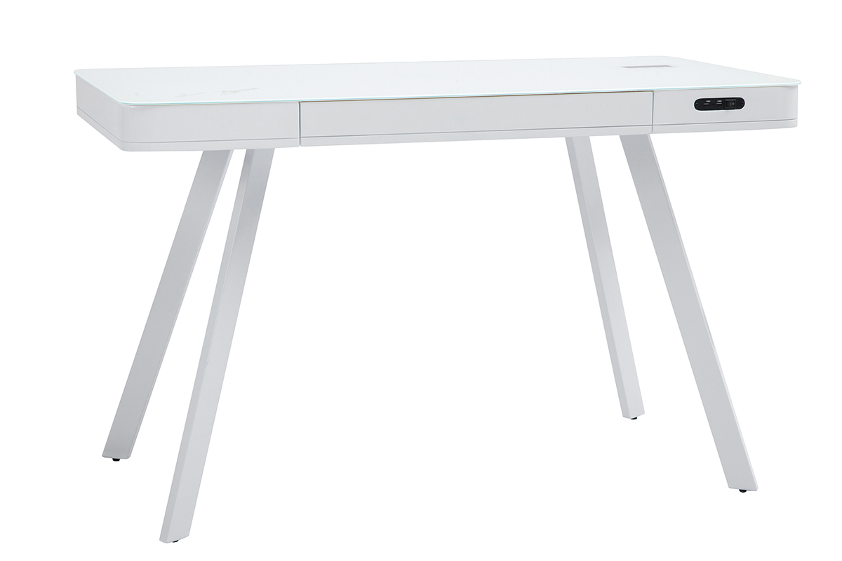 Bureau connect multimdia avec tiroir en verre et mtal blanc L120 cm CLEVER