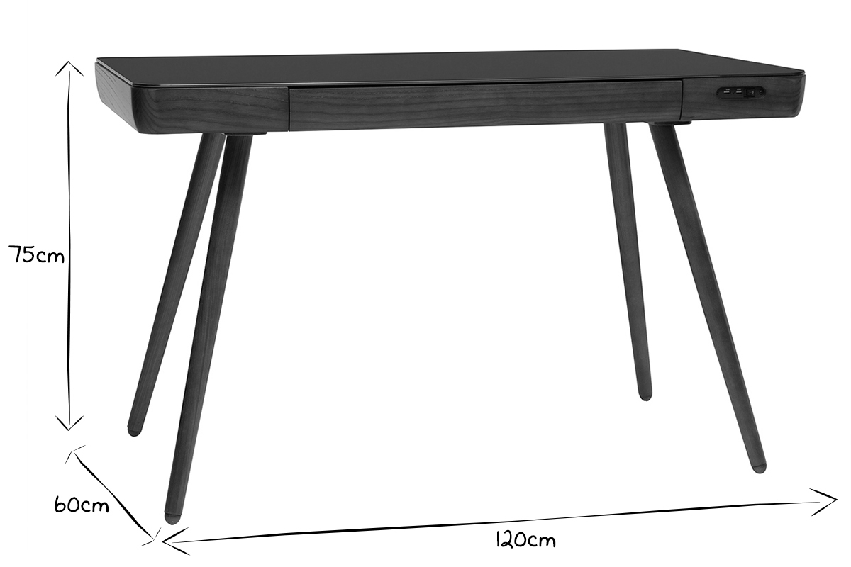 Bureau connect multimdia avec tiroir en verre noir et bois fonc noyer L120 cm CLEVER