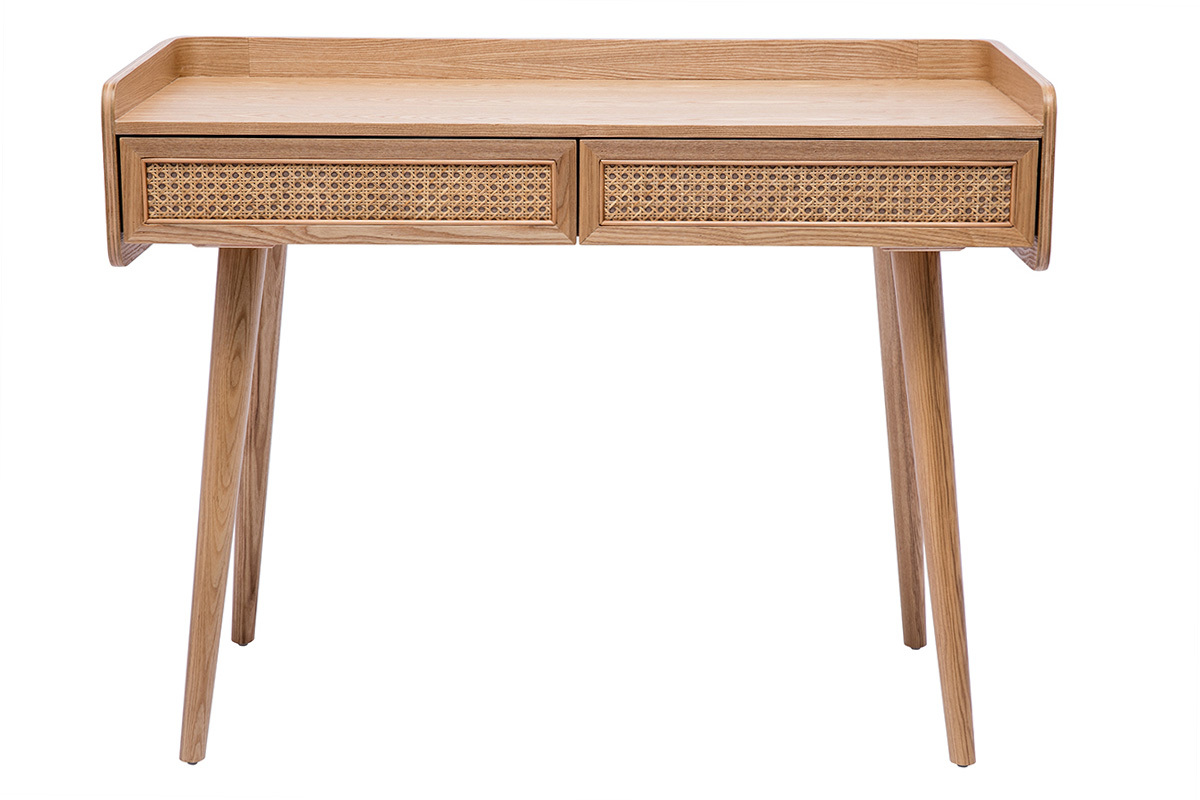 Bureau design avec rangements 2 tiroirs bois clair et cannage rotin L105 cm ELSY