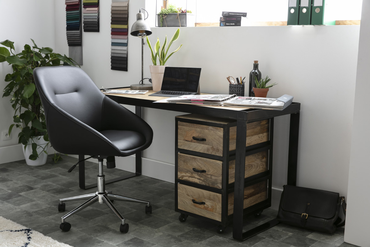 Bureau industriel bois manguier massif et mtal noir L153 cm INDUSTRIA