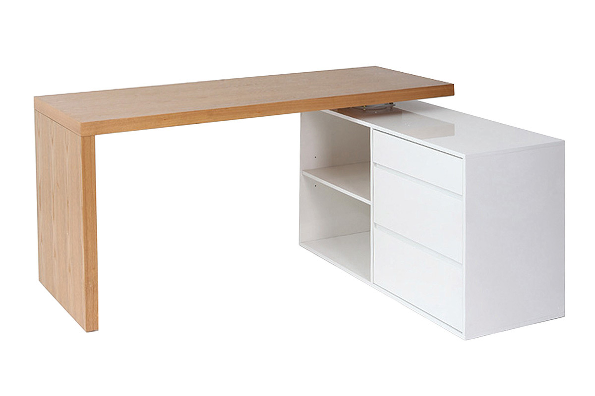 Bureau modulable design blanc brillant et bois clair frne L160-235 cm NEW MAX