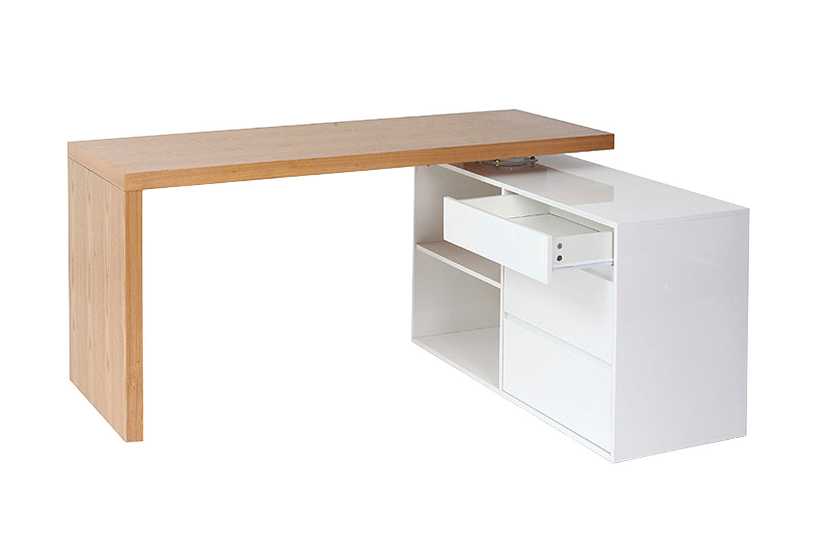 Bureau modulable design blanc brillant et bois clair frne L160-235 cm NEW MAX