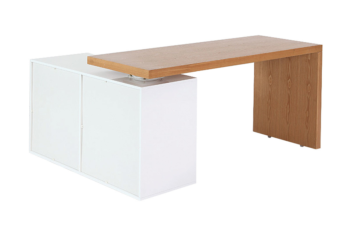 Bureau modulable design blanc brillant et bois clair frne L160-235 cm NEW MAX